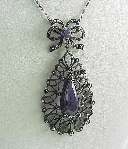 FAB ANTIQUE NOUVEAU SILVER MARCASITE AMETHYST NECKLACE  