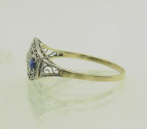 1900S FILIGREE PLATINUM 14K SAPPHIRE EURO DIAMOND RING  