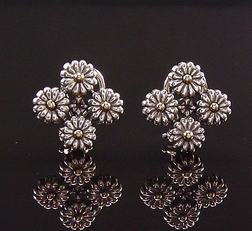 ADORABLE VINTAGE ESTATE LAGOS CAVIAR 18K 925 FLOWER CLUSTER EARRINGS W 