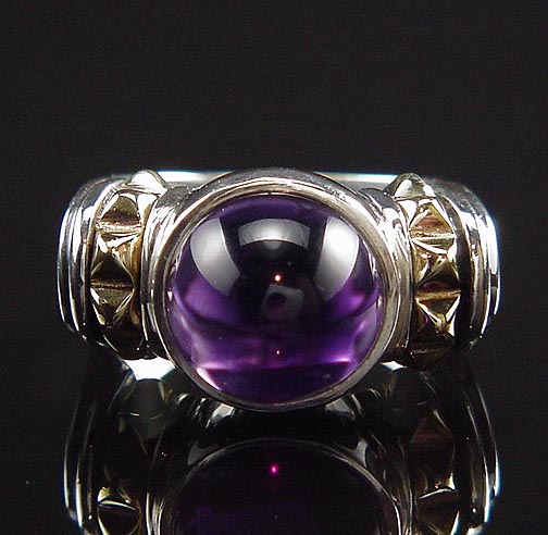 LAGOS CAVIAR 18K 925 AMETHYST SUGAR LOAF CABOCHON RING  