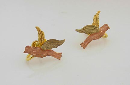 Unusual Antique Black Hills Gold Bird Earrings  