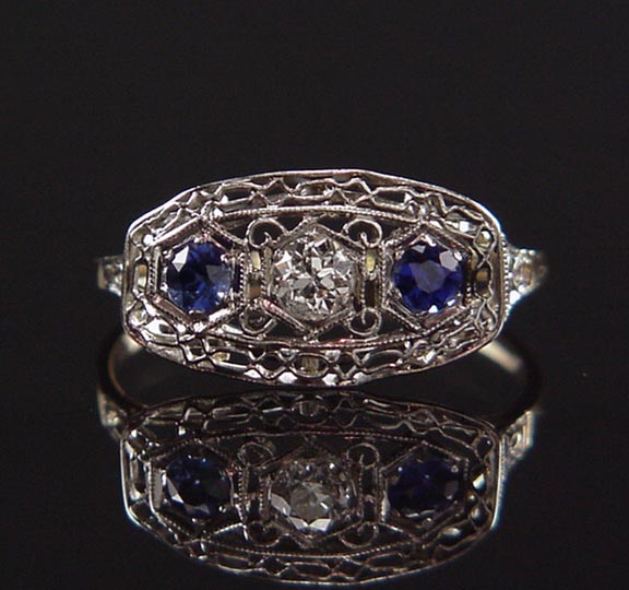 1900S Filigree Platinum 14K Sapphire Euro Diamond Ring  