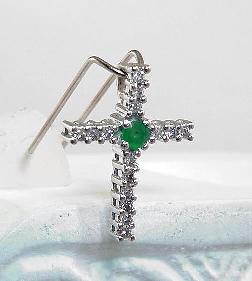 Sweet Estate 14K Wg Diamond & Emerald Cross Pendant  